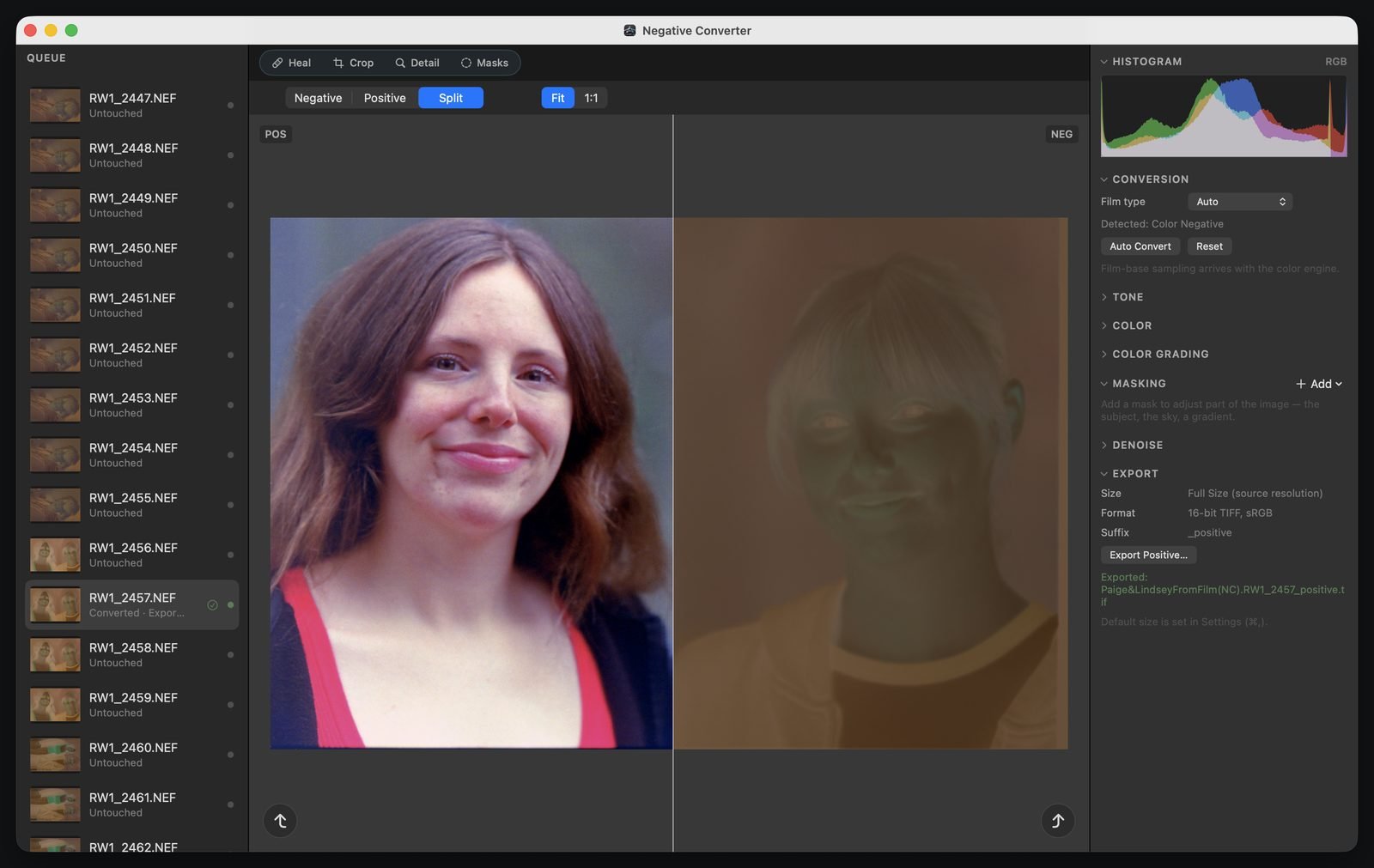 Negative Converter's split view showing the converted positive portrait on the left and the original orange-masked color negative on the right, with a queue of film scans and conversion controls
