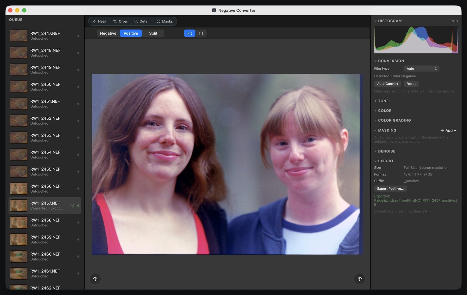 Negative Converter's darkroom workspace showing a converted color portrait, a film-strip queue of negatives, and adjustment panels