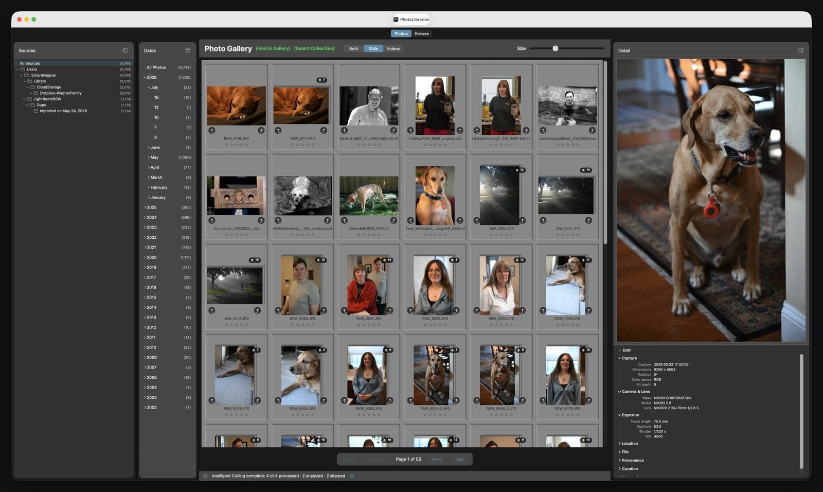 PhotoLibrarian's main window: a dark gallery of photo thumbnails with ratings and color labels, folder and date sidebars on the left, and a detail panel showing a large preview with EXIF metadata and keywords on the right